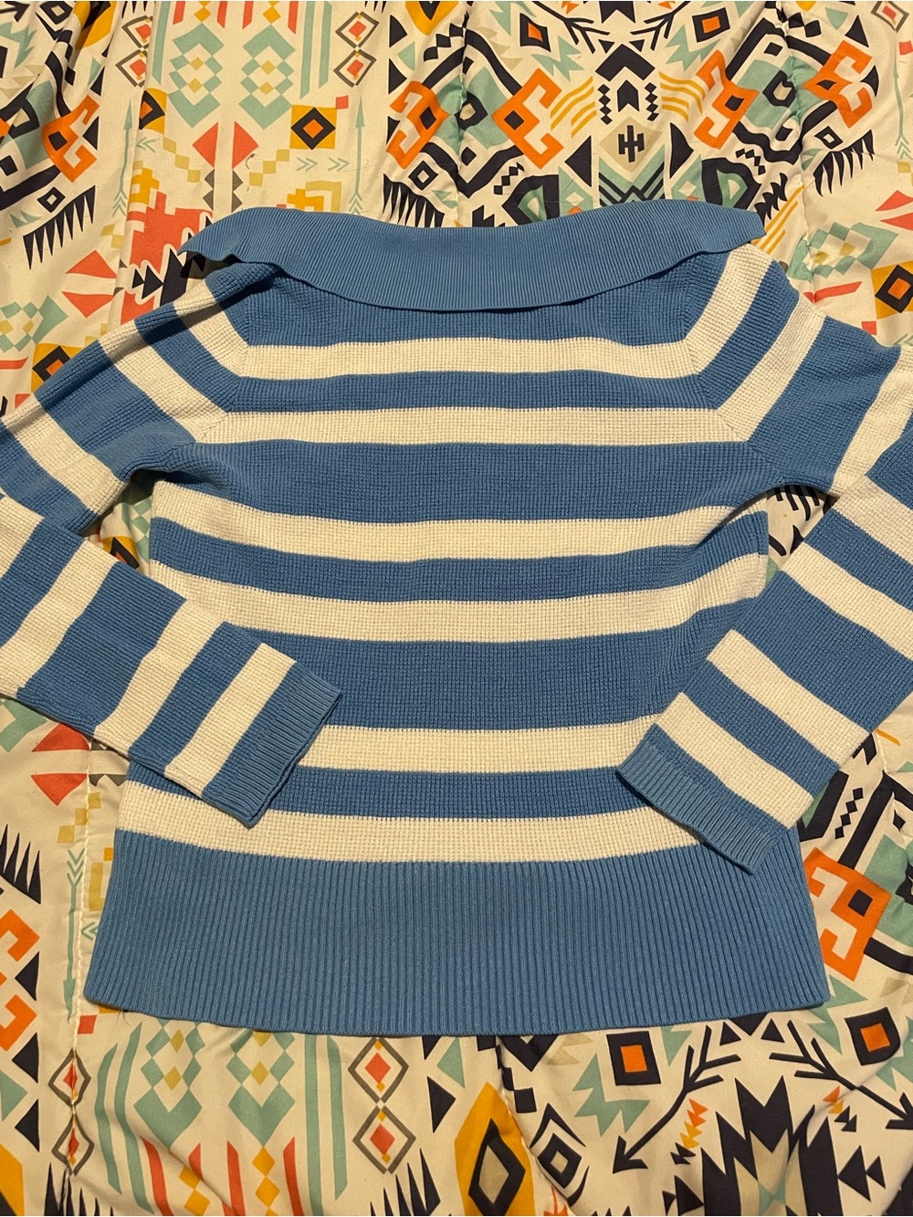 Cyrus Blue & White Striped V-Neck Sweater with Hood - Picture 3 of 5